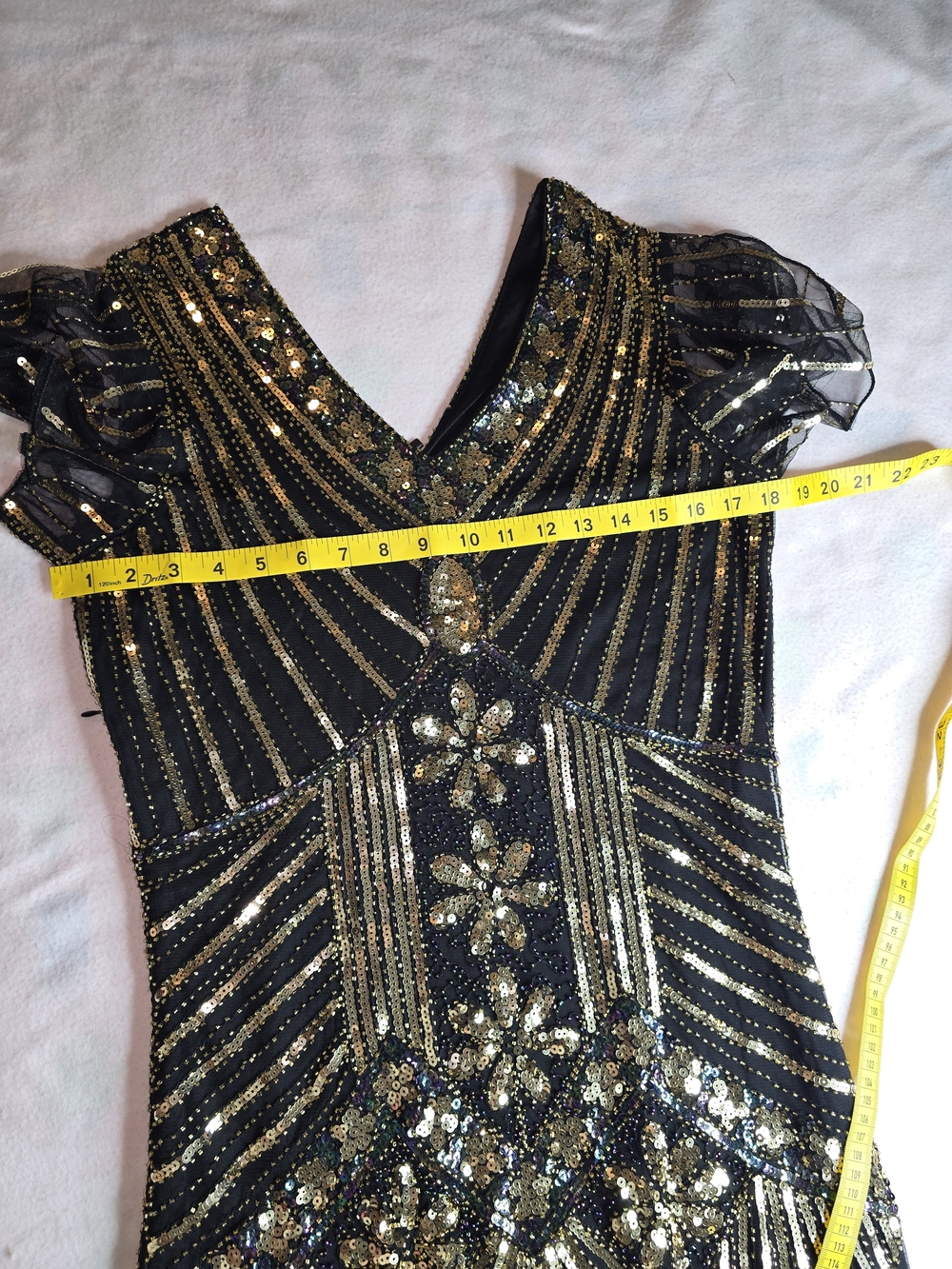 Embellished Black & Gold Art Deco Fringe Midi Dress - Picture 8 of 10